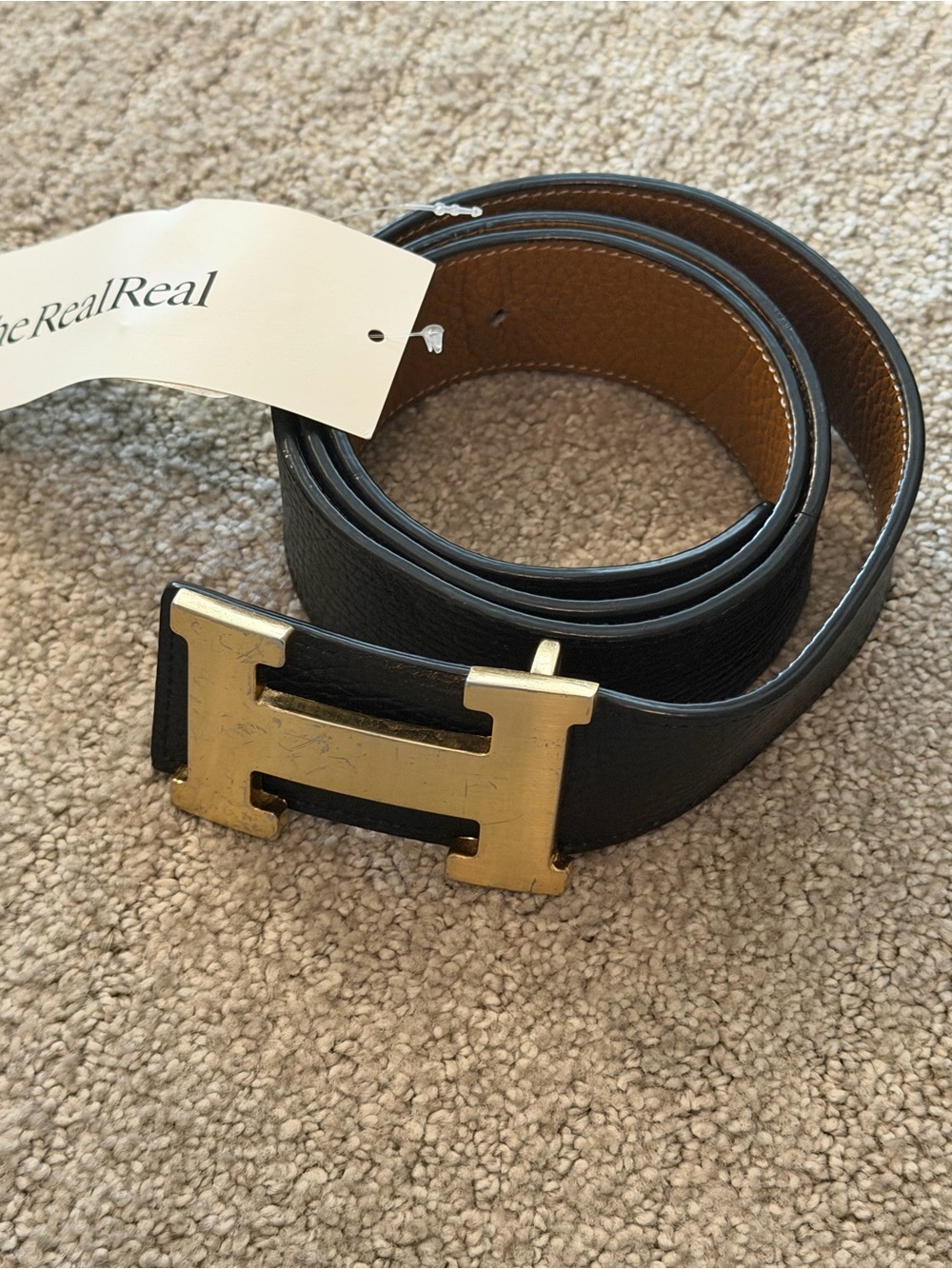 Hermes Men's Black Leather Belt with Gold H Buckle sz 32